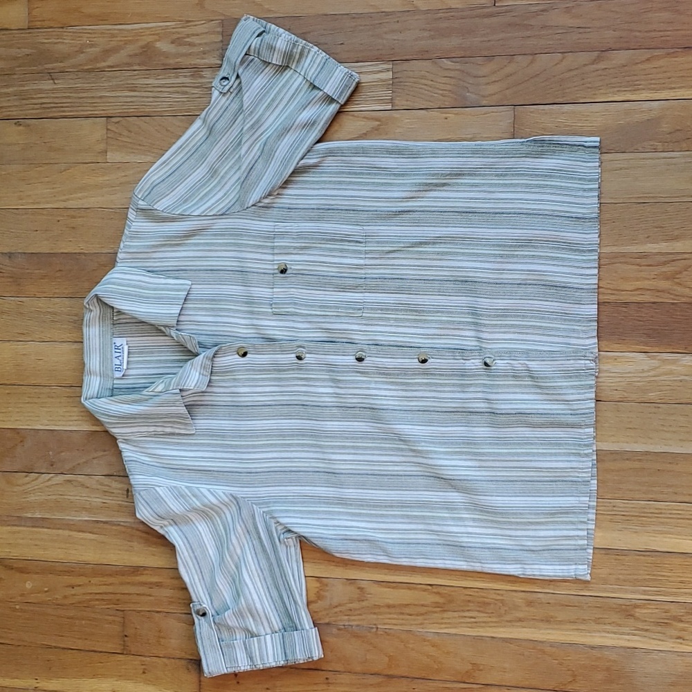 Vintage Blair green striped button down short sleeve pocket‎ shirt